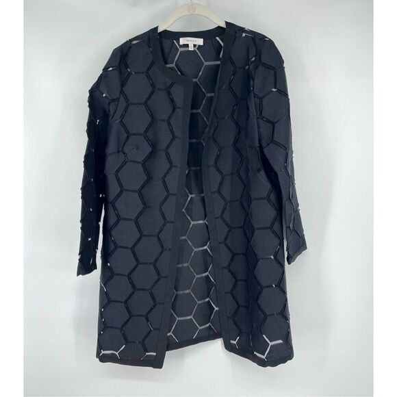Milly New York Black Silk Cotton Honeycomb Coat Geometric Sheer Layering Size 8 - Picture 1 of 8